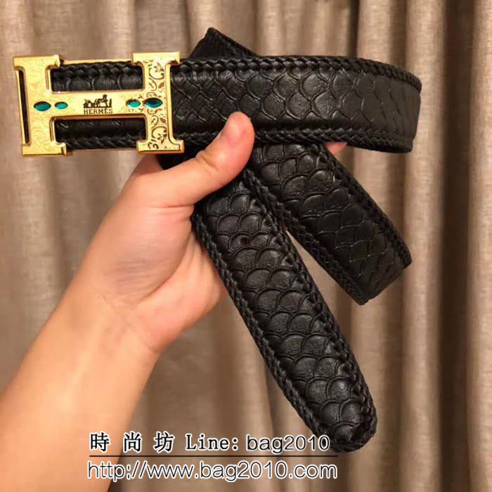 愛馬仕HERMES 義大利進口頭層手工編織小牛皮壓制魚鱗紋 高端男士皮帶 HHG1824